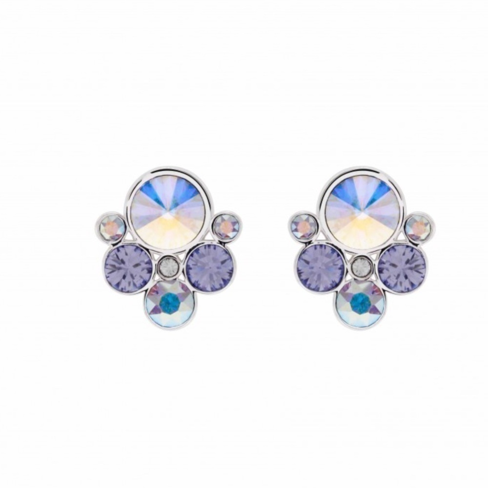 Aurora Borealis And Purple Circular Swarovski Crystal Clustered Stud Earrings